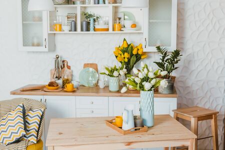 Wood table top on blurred kitchen backgroundの写真素材