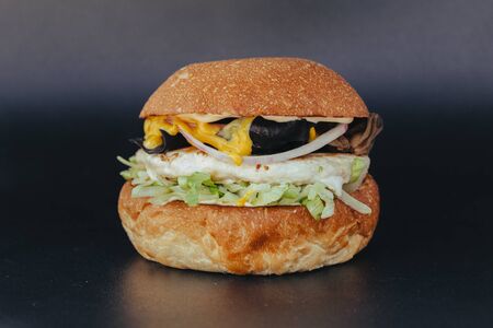 fresh tasty burger on black backgroundの写真素材