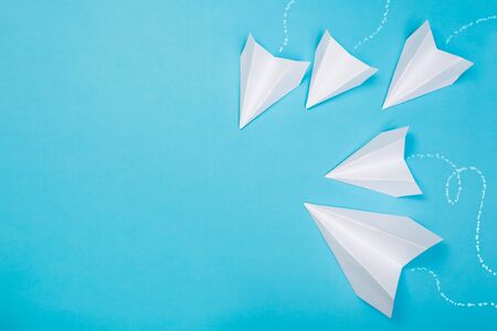 Travel plane concept.Mockup design of travel concept with group airplane on blue color background...