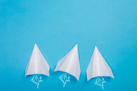 Travel plane concept.Mockup design of travel concept with group airplane on blue color background...
