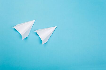 Travel plane concept.Mockup design of travel concept with group airplane on blue color background...