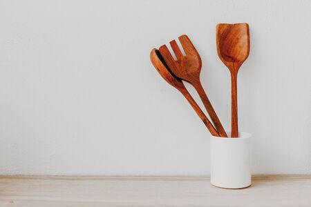 Kitchen utensils background with empty space for text, home kitchen decor conceptの写真素材