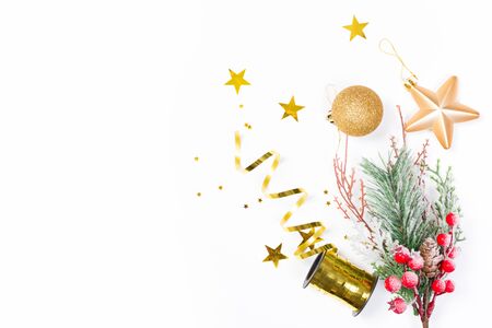 Christmas background with herringbone gifts and decor. Top view with space for copy on a white background.の写真素材