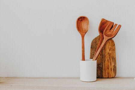 Kitchen utensils background with empty space for text, home kitchen decor concept