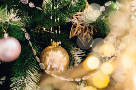 Christmas and New Year decorations with lights. Concept and background.の写真素材