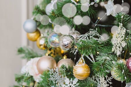 Christmas and New Year decorations with lights. Concept and background.の写真素材