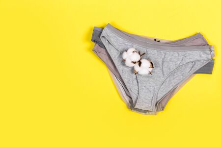 Female pastel cotton set panties and cotton flower on yellow background top view flat lay with copy space for text. Fashion blog, Colorful women's natural underwear, advertising, shopping concept.の写真素材