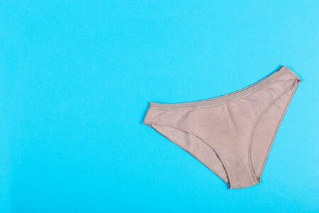Female pastel cotton set panties and cotton flower on blue background top view flat lay with copy...