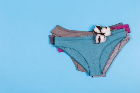 Female pastel cotton set panties and cotton flower on blue background top view flat lay with copy space for text. Fashion blog, Colorful women's natural underwear, advertising, shopping concept.の写真素材