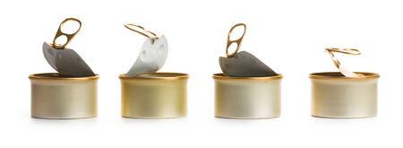 several open empty tin cans on a white background
