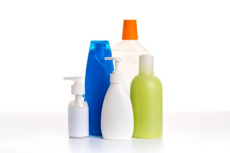 Collection of various household cleaning products isolated on a white background. cosmetic products. House cleaningの写真素材