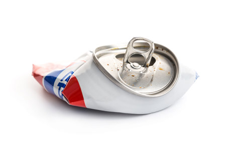 Crumpled Aluminum can isolated on white background. garbage. processingのeditorial素材