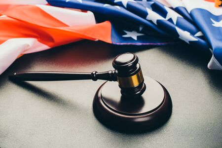 the judge gavel and background with usa flagの写真素材