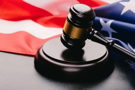 the judge gavel and background with usa flagの写真素材