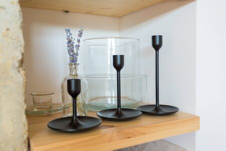 classic glassware on a wooden shelf. cookware collection