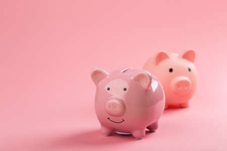 Two pink piggy banks on a pink background. Concept of saving money or savings, investment.の写真素材