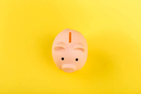 pink piggy bank on a yellow background.の写真素材