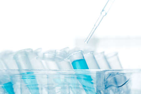 pipette and scientific laboratory test tubes in a genetic laboratory. study of a virus or...