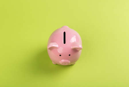 pink piggy bank on a green background. Concept of saving money or savings, investment.の写真素材