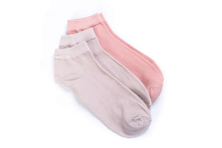 two pairs of cheerful colored short socks on a white background, top viewの写真素材