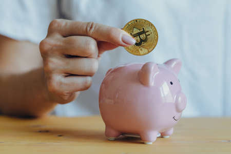 female hands put electronic money bitcoin in a pink piggy bank on the table. Concept of saving money or savings, investmentの写真素材
