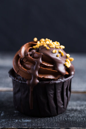 chocolate cupcake on dark wooden background