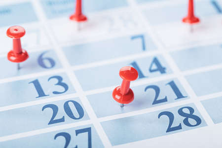 Calendar page for 2021, Concept image of a calendar with red push pins. chronology, time, idea,...