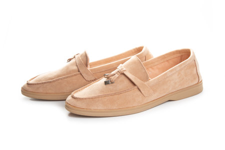 brown suede loafers shoes. Studio shot, white backgroundの写真素材