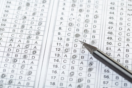 testing in exercise and exam paper. computer sheet with pencil in school test room, education...
