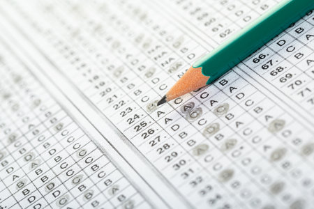 testing in exercise and exam paper. computer sheet with pencil in school test room, education conceptの写真素材