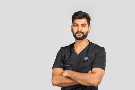 cute smiling indian doctor or surgeon in black uniform with stethoscope on gray backgroundの写真素材