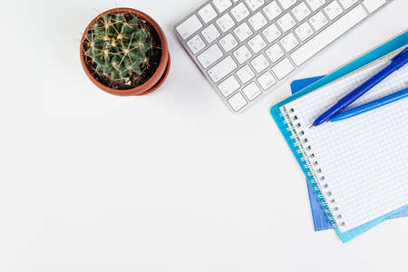 White office desk with blank laptop, computer keyboard and other stationery, potted plant. Top view...
