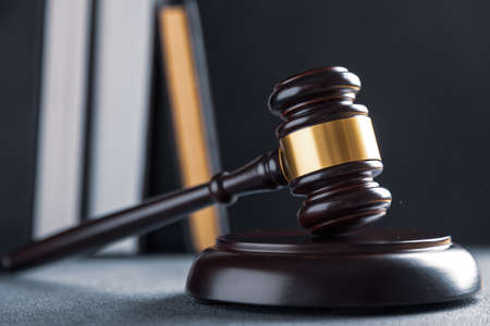 Law and justice. Wooden judge gavel, close-up view.の写真素材