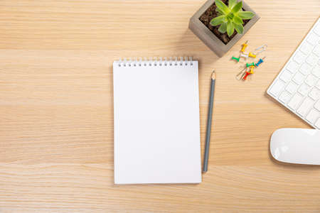 Working table with keyboard and notepad, pen, pencil and plant in home office. top viewの写真素材