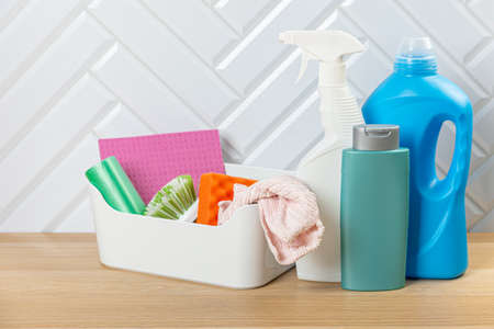 cleaning concept. Set of cleaning detergents in colored plastic bottles. clean house.の写真素材