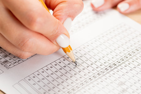 Female hand holds pencil and marks answers to test. Hiring Testing Concept