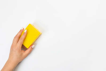 Housewife's hand holds a sponge for cleaning agent on a gray background. Detergent for various...