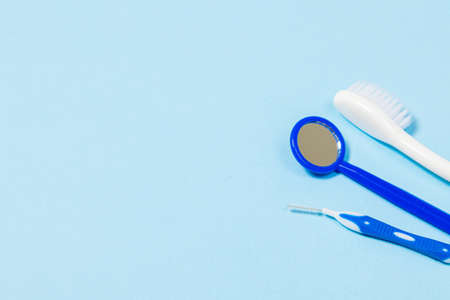 set for thorough cleaning of the oral cavity. Equipment for cleaning braces and plaque from teeth. Necessary tools for brushing teeth.の写真素材