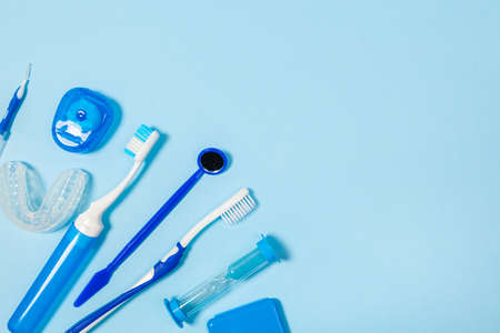 set for thorough cleaning of the oral cavity. Equipment for cleaning braces and plaque from teeth. Necessary tools for brushing teeth.の写真素材