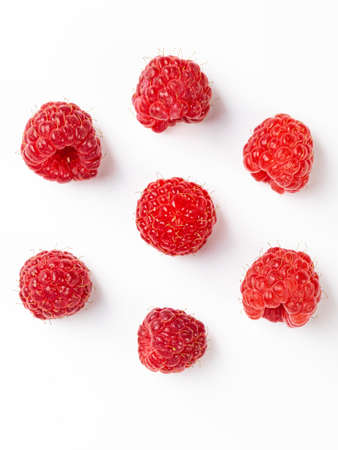 set of raspberries isolated on white backgroundの写真素材