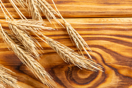 Wheat Ears on the Wooden Table. Sheaf of Wheat over Wood Background. harvest concept