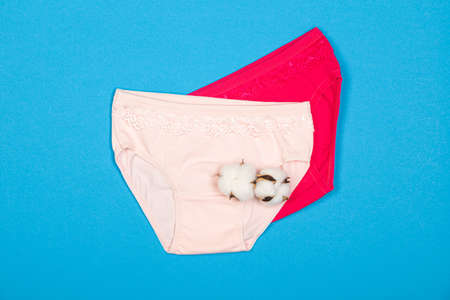 Clothing for children in the form of panties. Clothes for children from soft fabric. panties for girls. A set of panties for children. view from above. Underwear set. Underwear set. on a blue backgroundの写真素材