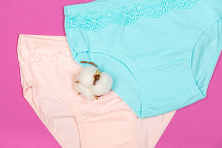 Clothes for children in the form of panties. Clothes for children from soft fabric. panties for girls. A set of panties for children. view from above. Set of underwear. lingerie set.の写真素材