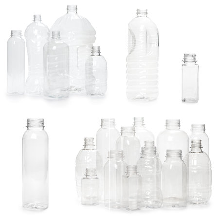 selection of quality photo collage of many different empty plastic bottles isolated on white background. production of new containersの写真素材