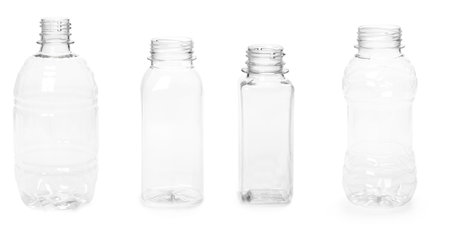 selection of quality photo collage of many different empty plastic bottles isolated on white background. production of new containersの写真素材