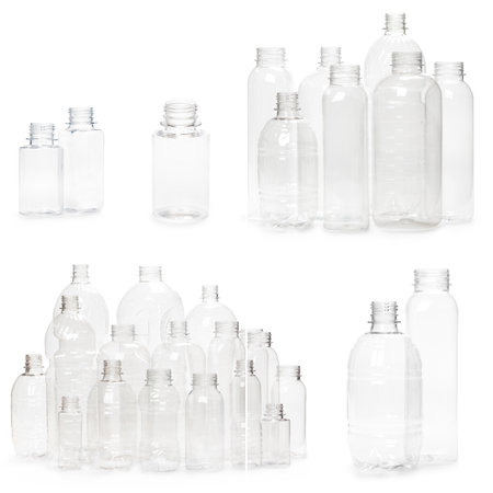 selection of quality photo collage of many different empty plastic bottles isolated on white background. production of new containersの写真素材