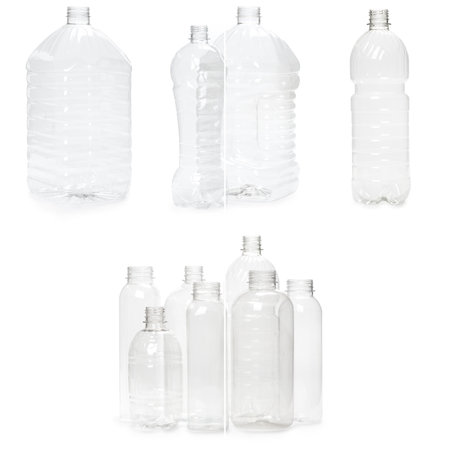 selection of quality photo collage of many different empty plastic bottles isolated on white background. production of new containersの写真素材