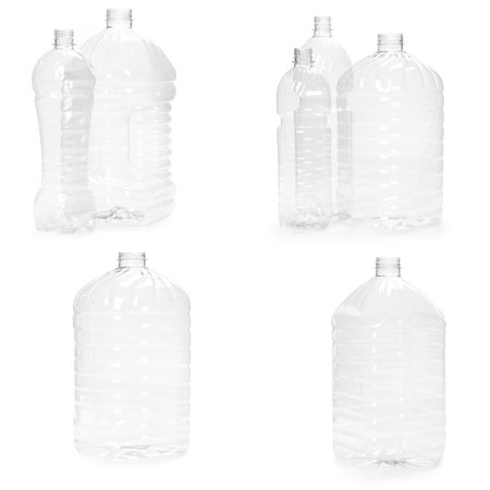 selection of quality photo collage of many different empty plastic bottles isolated on white background. production of new containersの写真素材