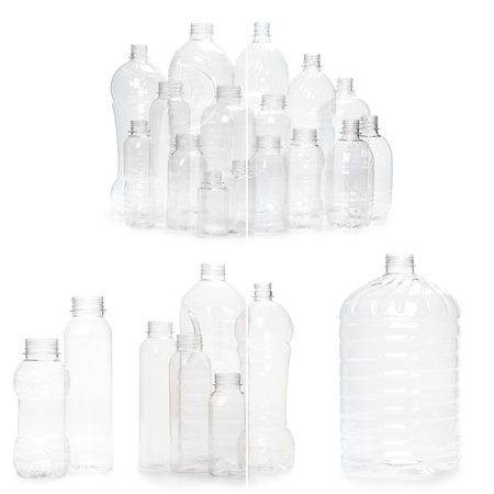 selection of quality photo collage of many different empty plastic bottles isolated on white background. production of new containersの写真素材
