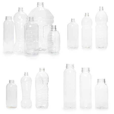 selection of quality photo collage of many different empty plastic bottles isolated on white background. production of new containersの写真素材